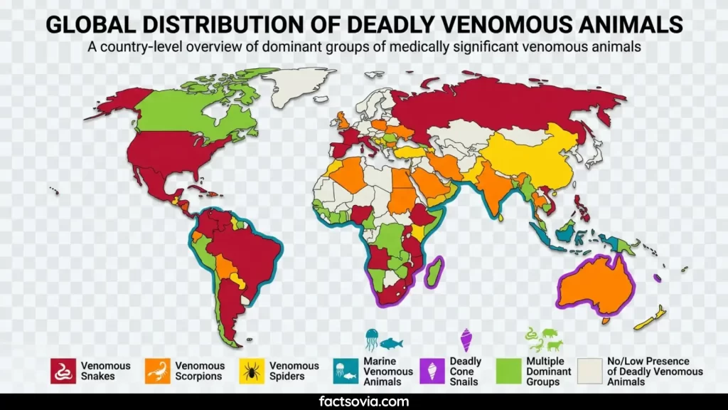 map showing deadly animals distribution through out the world