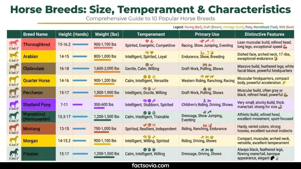 Comparison chart of 10 popular horse breeds showing height in hands, weight, temperament, and primary use (racing, dressage, draft work, etc.)