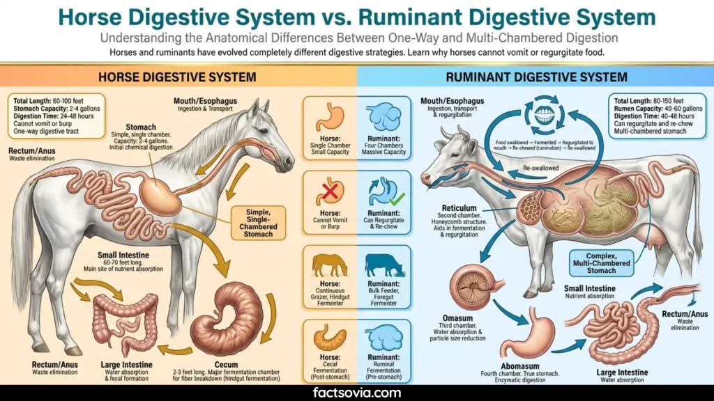 Anatomical comparison of horse one-way digestive system versus ruminant multi-chambered digestive system, explaining why horses cannot vomit or regurgitate