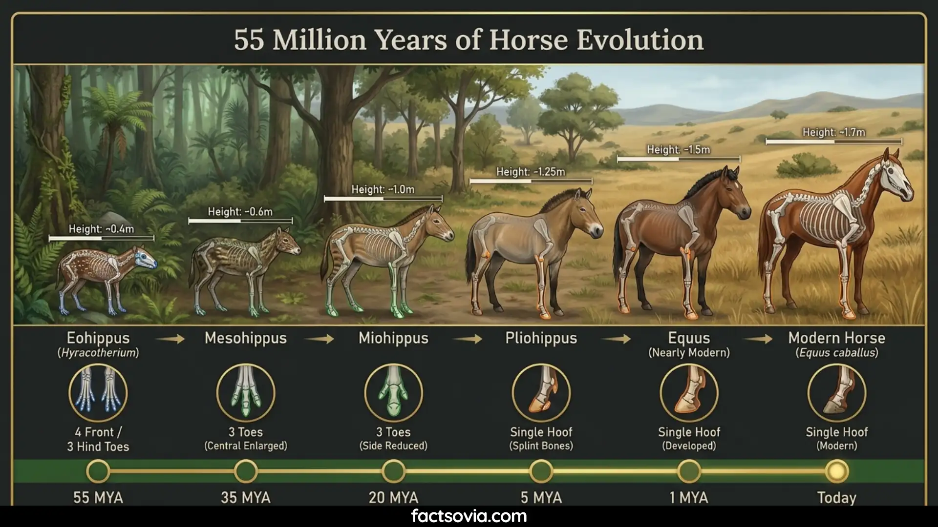Evolutionary timeline of horses from small multi-toed creatures 55 million years ago to modern single-hoofed horses, showing skeletal changes and size progression