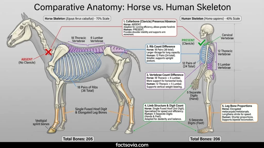 Side-by-side comparison of horse and human skeleton highlighting differences in collarbone, rib count, vertebrae, and leg structure