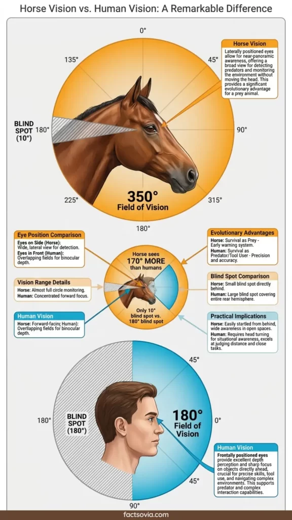 Infographic comparing horse vision (350-degree panoramic view) versus human vision (180-degree forward-facing view), showing field of vision diagrams and eye positioning
