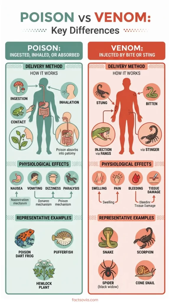 An infographic showing the key differences between poison and venom