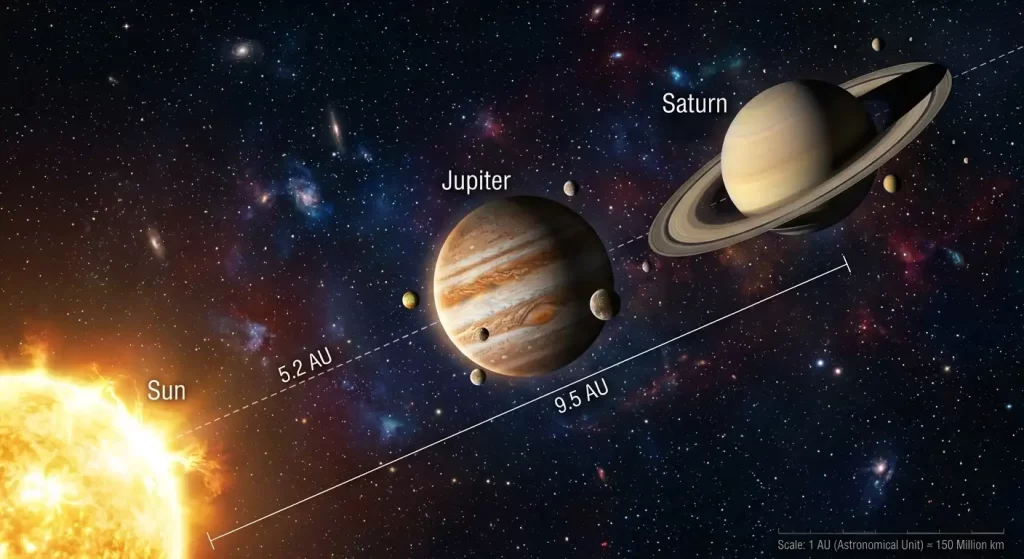 An infographic showing the distance from the Sun to Jupiter (5.2 AU) and Saturn (9.5 AU) to illustrate the 628 million kilometer gap.