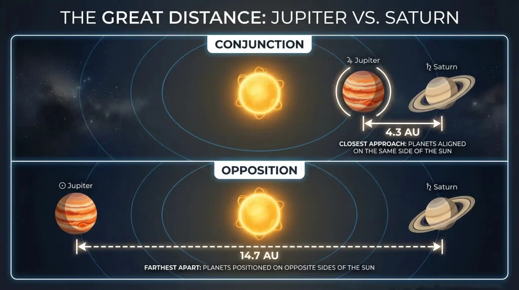 A top-down astronomical diagram showing the elliptical orbits of Jupiter and Saturn and how their distance varies from 402 million to 1.1 billion kilometers.