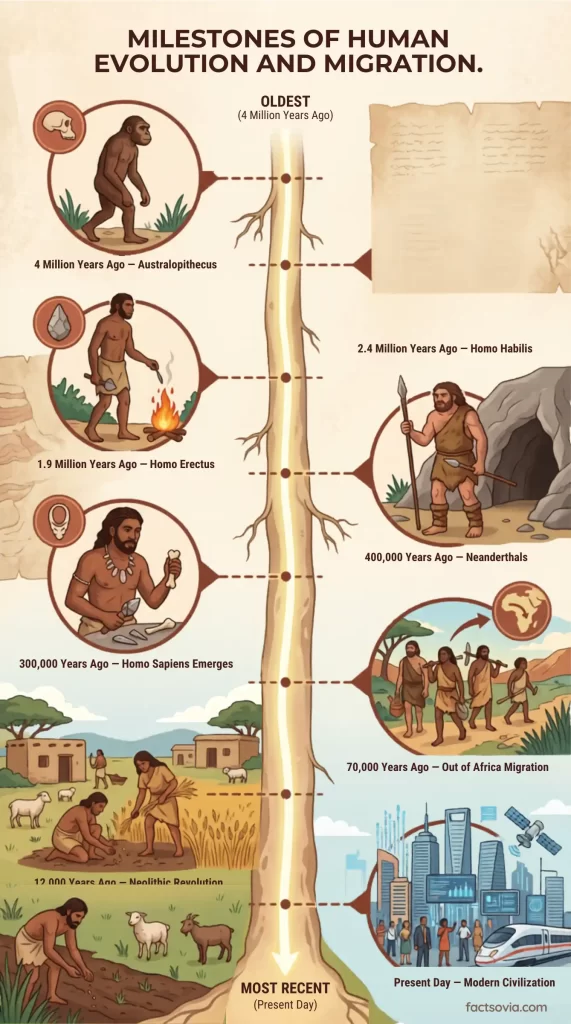 Interactive timeline showing human evolution from Australopithecus (4 million years ago) through Homo sapiens (300,000 years ago), with brain size progression, tool development, and key milestones marked on a vertical timeline.