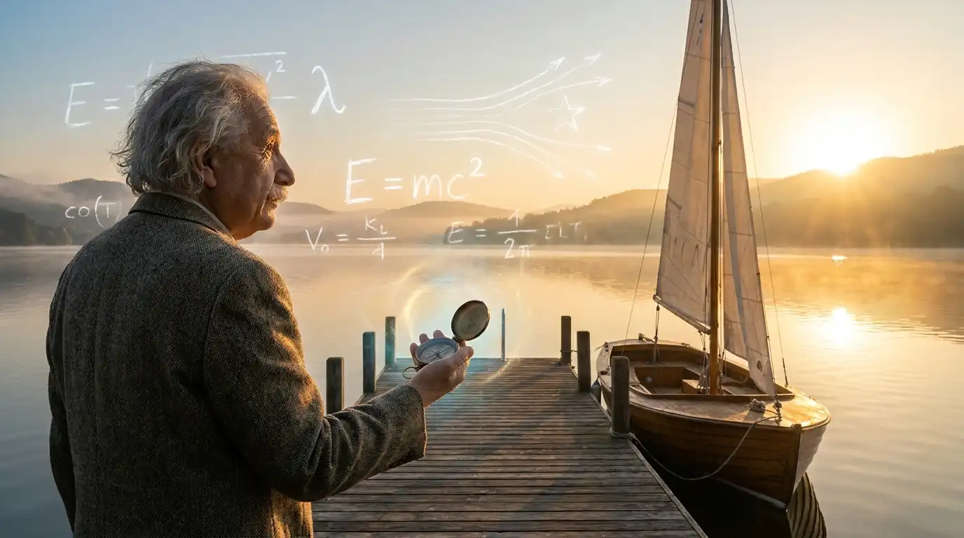 Albert Einstein standing on a dock at sunrise, holding a glowing compass, with floating equations around him and a sailboat nearby