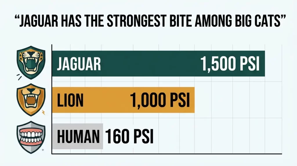 Infographic comparing bite force: jaguar 1,500 PSI, lion 1,000 PSI, human 160 PSI – the jaguar has the strongest bite of any big cat, one of the most interesting facts about the jaguar
