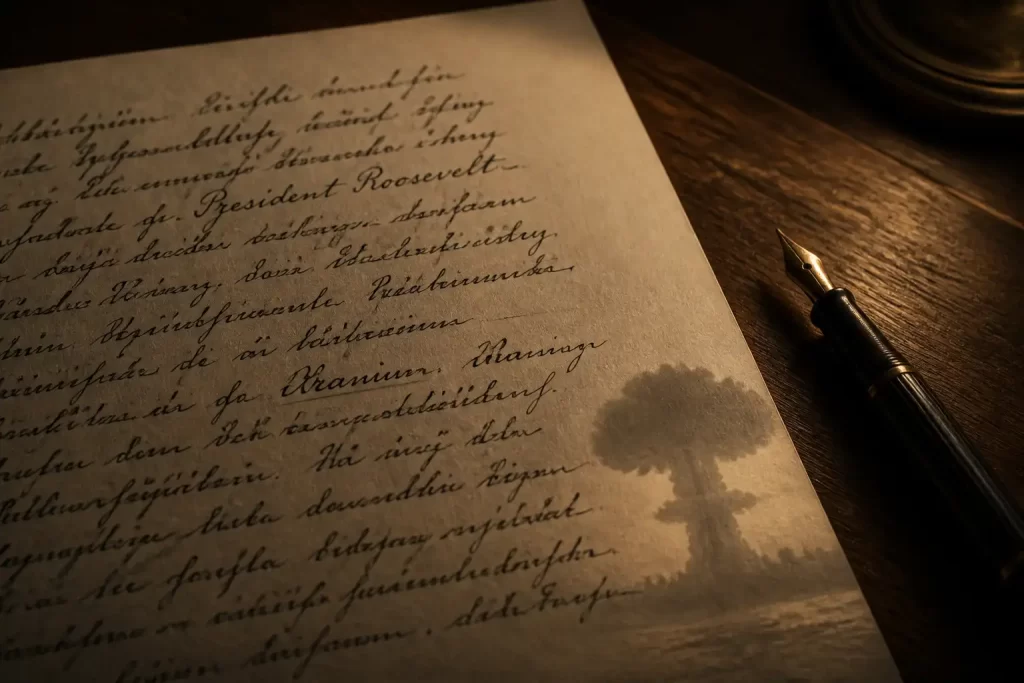 Einstein’s handwritten letter to President Roosevelt about uranium, with a subtle mushroom cloud reflection.