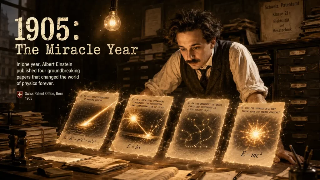 Four glowing scientific papers floating above Einstein’s desk in a 1905 patent office