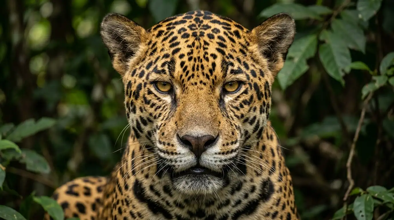Close-up of a wild jaguar staring directly at the camera – one of the most interesting facts about the jaguar is its powerful 1,500 PSI bite