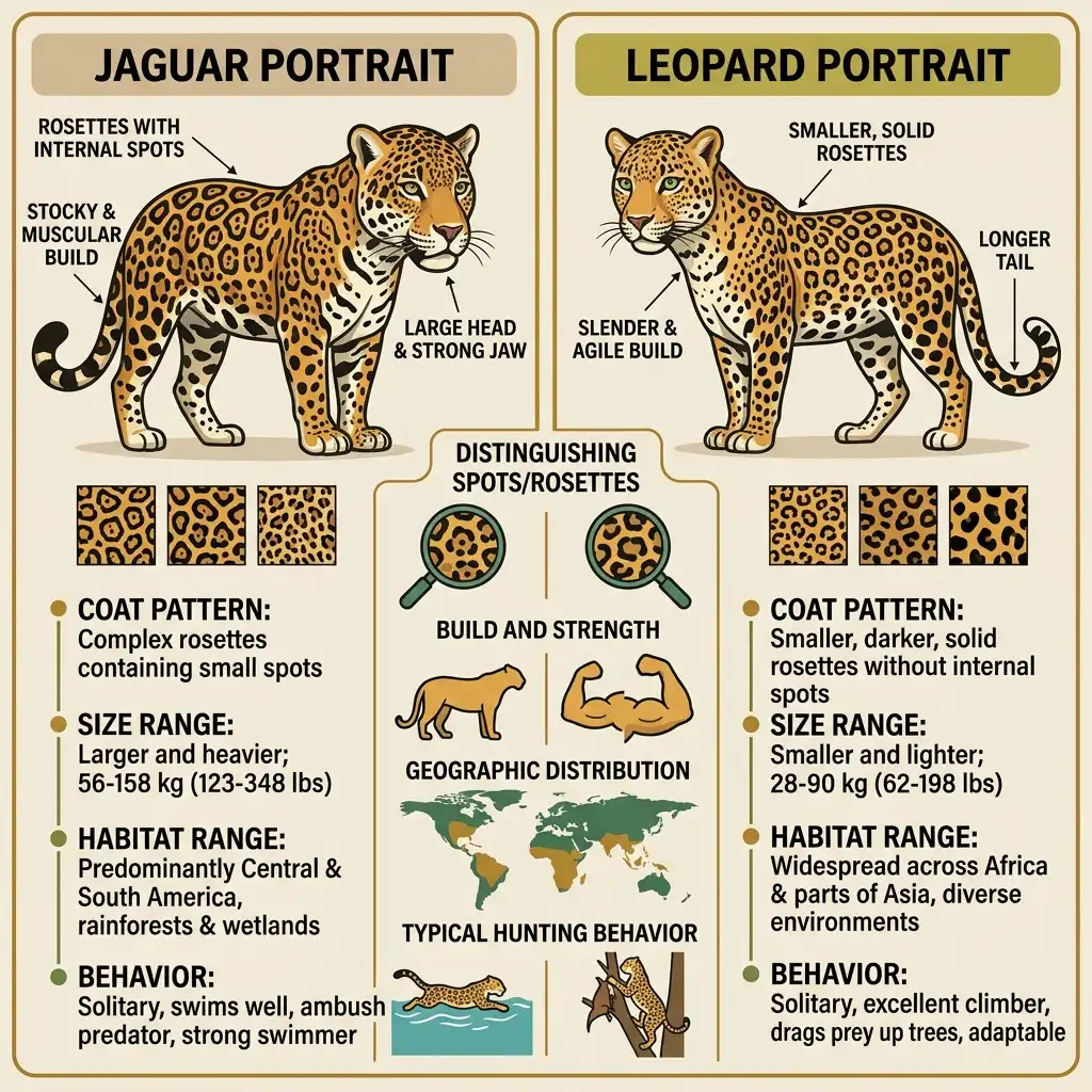 Infographic comparing jaguar and leopard: jaguar has rosettes with inner spots, stockier body, shorter legs, stronger bite (1,500 PSI), loves water – one of the most useful interesting facts about the jaguar for identification