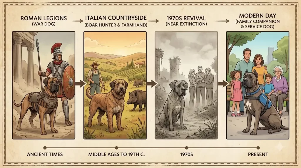 An infographic timeline showing four historical stages of the Cane Corso breed from Roman times to the present