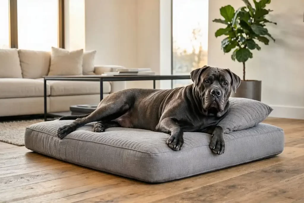A big Cane Corso lying comfortably on a large plush dog bed inside a cozy, modern home.
