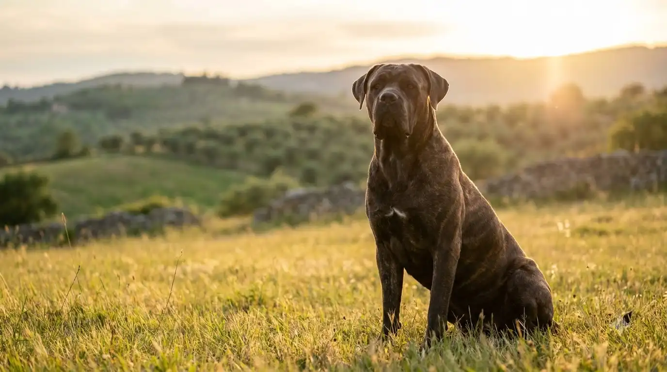 A majestic, muscular Cane Corso sitting calmly in a sunlit meadow during golden hour with a warm, watchful expression.